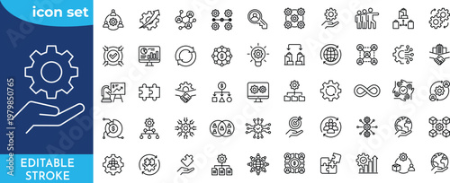 Business Integration line editable icon set. Editable stroke. Containing Business, Integration, partnership, network, synergy, alliance, workflow, and more.