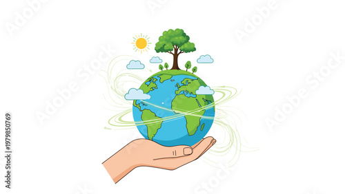 Human hand supporting a green earth globe with trees sun and clouds illustrates global environmental care and reforestation.