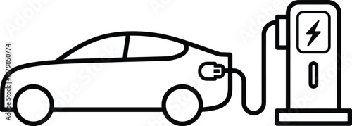 minimalist vector icon of electric vehicle connected to charging station representing sustainable transportation green energy and EV infrastructure concept