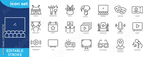 Show icon set. Editable stroke. Contain icons related to cinema, entertainment, stage, theater, spotlight, ticket, magician, concert, event, circus and more.