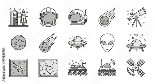Space exploration and alien icons collection.