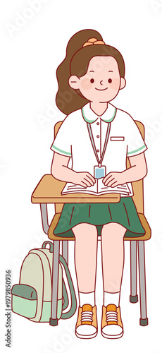 학교 책상에 앉아 책을 읽으며 공부하는 여학생 캐릭터, 수업에 집중하는 학생 교육용 일러스트 School Girl Character Sitting at Desk and Reading a Book, Focused Student Illustration for Education and School Life