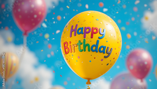 Yellow Happy Birthday Balloon on  Blue Background