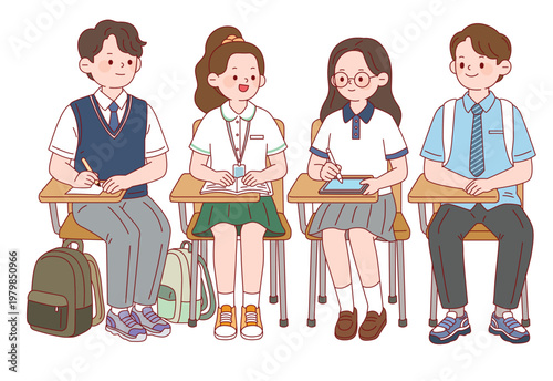 교실 책상에 앉아 수업 중인 중고등학생 캐릭터 세트, 학교 생활 교육용 일러스트 Junior and High School Students Sitting at Desks in Classroom, School Life Character Illustration for Educational Use