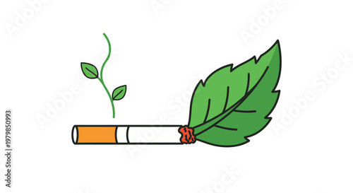 Cartoon cigarette with green leaf replacing smoke symbolizing healthy living and anti smoking concept