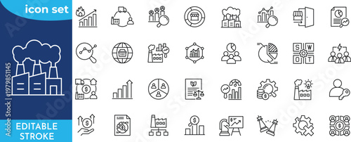Industry analysis icon set. editable stroke. Contain icons related to industry, strategy, competitor, trends, swot, market share, cand more.