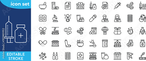 Pharmaceutical line editable icon set. Editable stroke. Contain icons related to medial and pharmacy.
