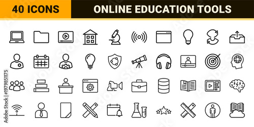Minimalist online education and e-learning outline icon set