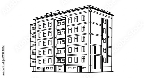 Sketch of a multi-story apartment building with balconies and windows.