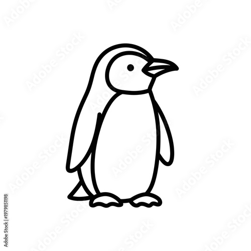 A simple black and white outline drawing of a cartoon penguin standing.