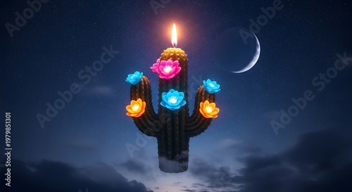 Cactus candle with flowers and moon in the night sky