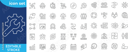 Processing Optimization Workflow icon set. Editable stroke. Outline Icon Collection.