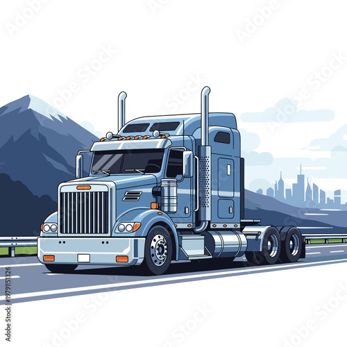 A detailed illustration of a blue semi-truck driving on a highway with mountains and a city skyline in the background.