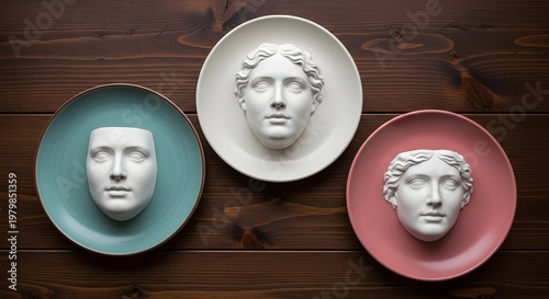 Three white plaster masks of faces on colorful plates on wooden surface