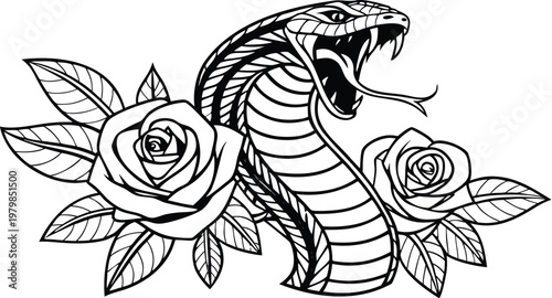 Vintage snake and rose tattoo engraving vector illustration. A highly detailed black and white vector illustration of a fierce cobra snake coiled in an elegant S-shape, with its hood raised, mouth ope