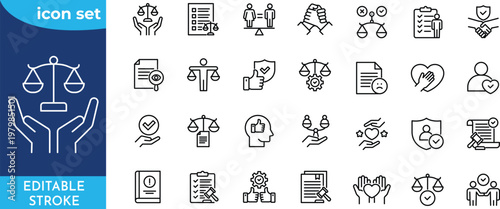 Ethic line editable icon set. Editable stroke. Containing integrity, trust, values, responsibility, honesty, fairness, respect, transparency, icon set.