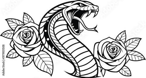 Vintage snake and rose tattoo engraving vector illustration. A highly detailed black and white vector illustration of a fierce cobra snake coiled in an elegant S-shape, with its hood raised, mouth ope