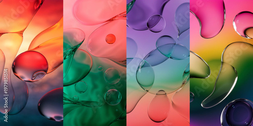 Vibrant colorful water droplets fall across multiple rainbow gradients