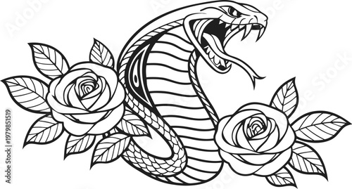 Vintage snake and rose tattoo engraving vector illustration. A highly detailed black and white vector illustration of a fierce cobra snake coiled in an elegant S-shape, with its hood raised, mouth ope