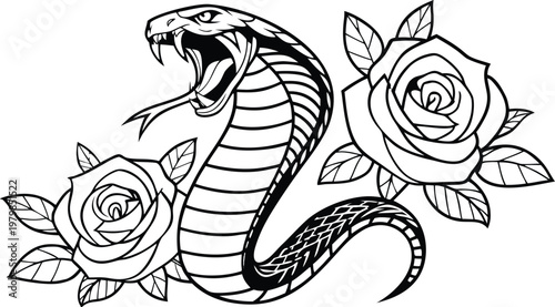 Vintage snake and rose tattoo engraving vector illustration. A highly detailed black and white vector illustration of a fierce cobra snake coiled in an elegant S-shape, with its hood raised, mouth ope