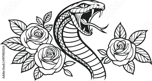 Vintage snake and rose tattoo engraving vector illustration. A highly detailed black and white vector illustration of a fierce cobra snake coiled in an elegant S-shape, with its hood raised, mouth ope