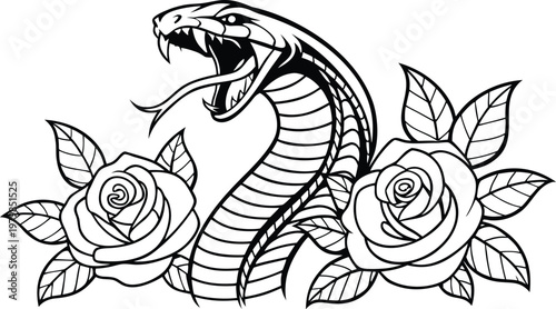 Vintage snake and rose tattoo engraving vector illustration. A highly detailed black and white vector illustration of a fierce cobra snake coiled in an elegant S-shape, with its hood raised, mouth ope