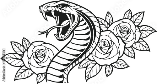 Vintage snake and rose tattoo engraving vector illustration. A highly detailed black and white vector illustration of a fierce cobra snake coiled in an elegant S-shape, with its hood raised, mouth ope