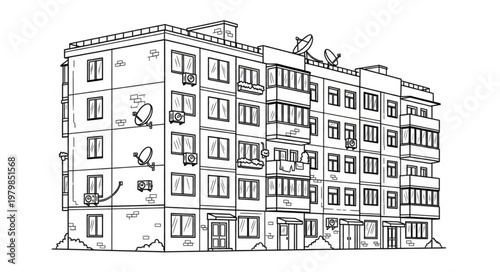 Sketch of a Soviet-era apartment building with balconies and windows.