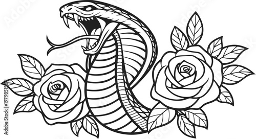 Vintage snake and rose tattoo engraving vector illustration. A highly detailed black and white vector illustration of a fierce cobra snake coiled in an elegant S-shape, with its hood raised, mouth ope