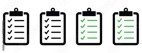 Four, clipboards with checklist icons, black and green vector illustration, task management, to do list symbols, productivity and planning tools, office organization graphics, flat vector design for 