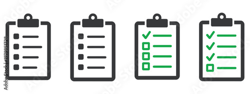 Four, clipboards with checklists in black and green, vector illustration, task management icons, to do list, checklist symbols, productivity tools, office organization, flat vector graphics for apps, 