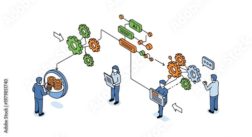 Isometric illustration showing business teams collaborating with AI and automated systems to optimize financial data and operational processes.