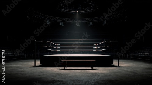 Dark and Empty Boxing Ring in an Abandoned Arena with Spotlight