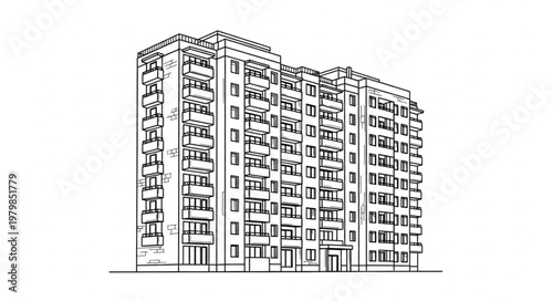 Sketch of a Tall Apartment Building with Many Windows.