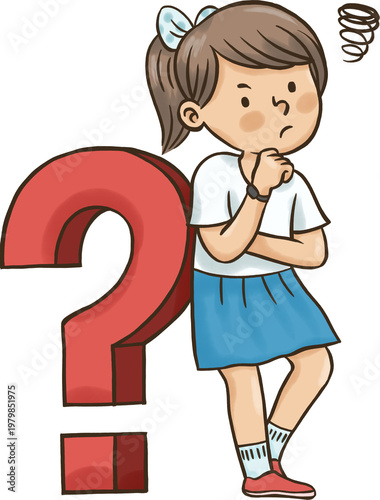 Illustration of a girl thinking with question mark icon.