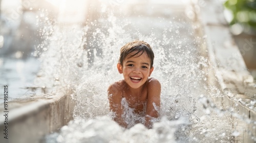 Young boy splashing down water flume at outdoor pool area