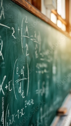 Chalkboard showing handwritten math with sunlight in hallway