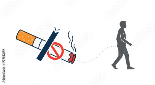 Person walking away from cigarette with red prohibition sign symbolizing quitting smoking and healthy lifestyle choices