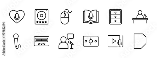 Podcast and audio broadcasting minimalist outline icon set