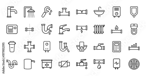 Minimalist plumbing and pipe fitting line icon set