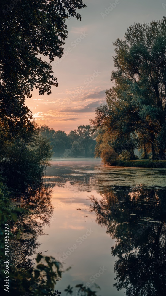 Obraz premium Serene River Landscape at Dawn with Reflections of Trees