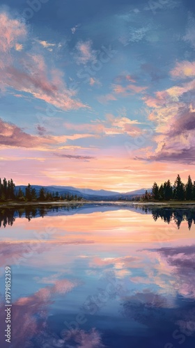 Serene Landscape at Sunset with Reflection and Vibrant Colors