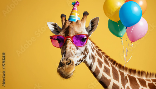 Girrafe Portrait with Balloons and Birthday Hat an glasses on Yellow Background : Festive Celebration 
