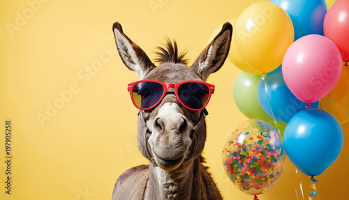 Donkey Portrait with Balloons and Birthday  Glasses on Yellow Background : Festive Celebration 