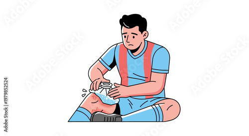 Injured Soccer Player Applying Ice Pack to Knee on White Background