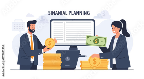 Business professionals managing finances with digital tools and currency