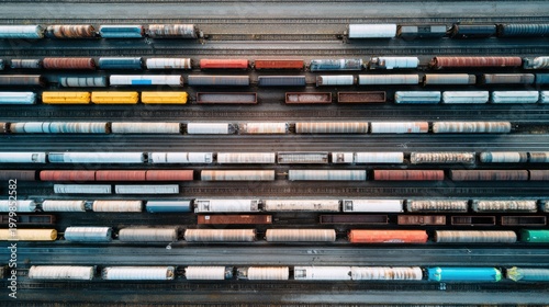 Aerial View of Colorful Freight Train Cars on Rail Yard