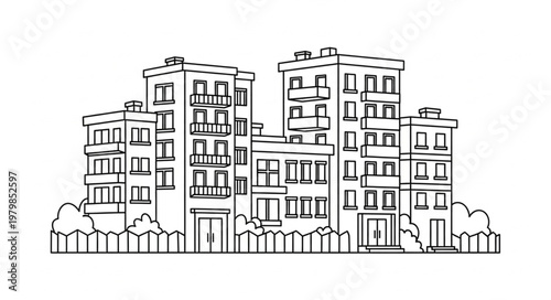 Sketch of Apartment Buildings with Fences and Trees.