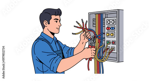 Electrician repairing circuit breaker panel with multiple wires