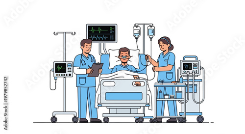 Medical professionals attending patient in hospital room with equipment